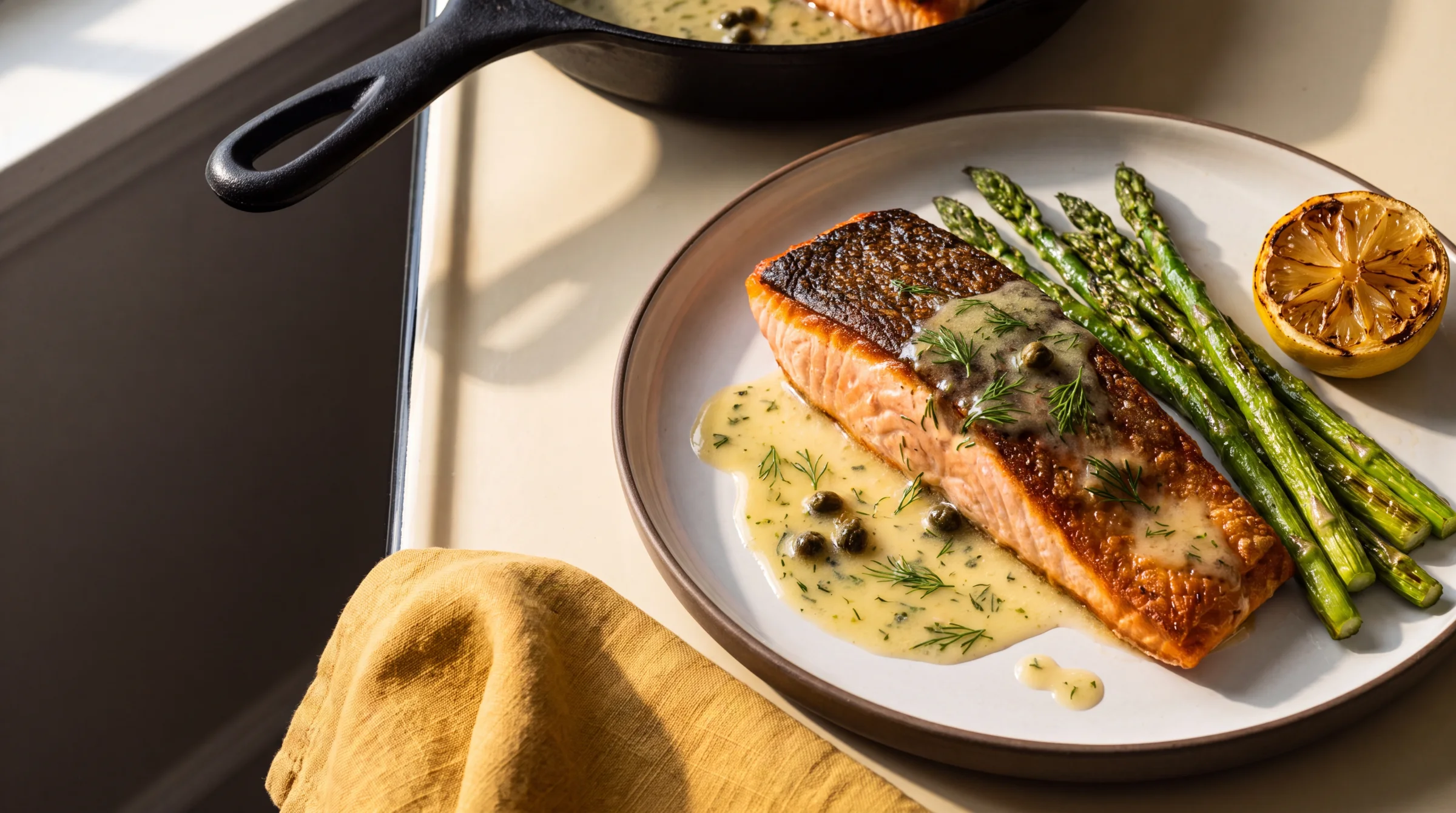 Crispy skin-on salmon with asparagus, lemon-dill butter, capers, and charred lemon